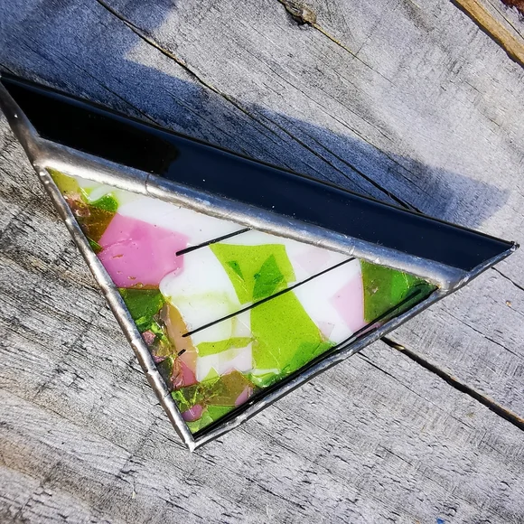 Artisan Created Fused Glass Triangular Brooch Pin - Picture 7 of 14